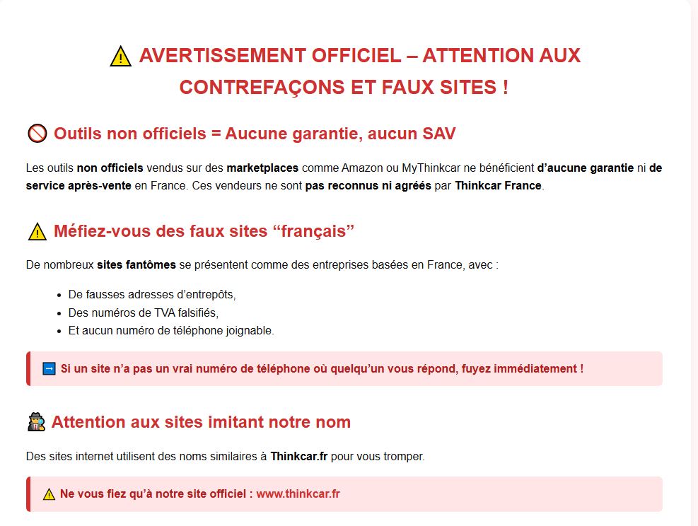 AVERTISSEMENT THINKCAR FRANCE